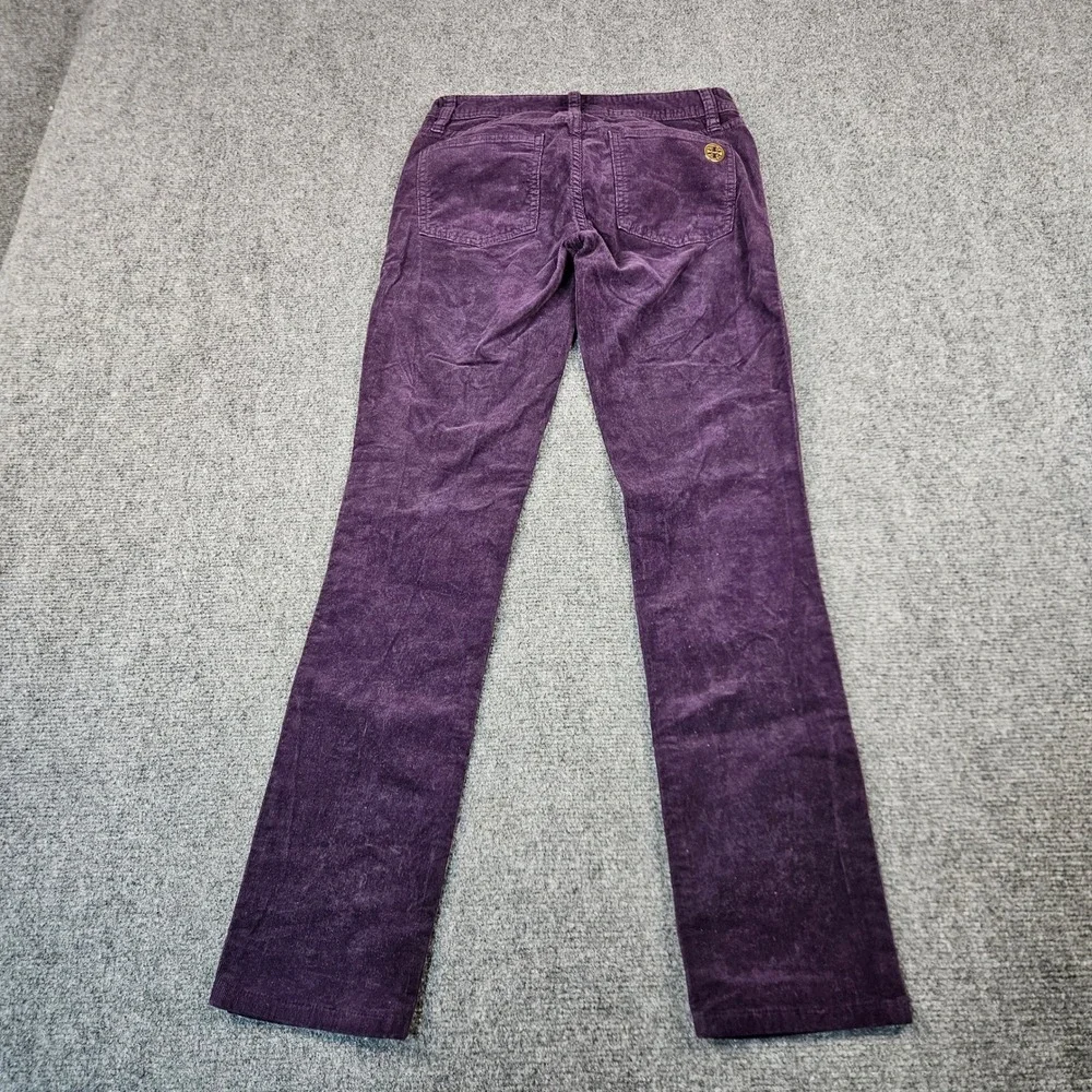 Tory Burch Super Skinny Corduroy Pants Purple Plum Gold Logo Size 25